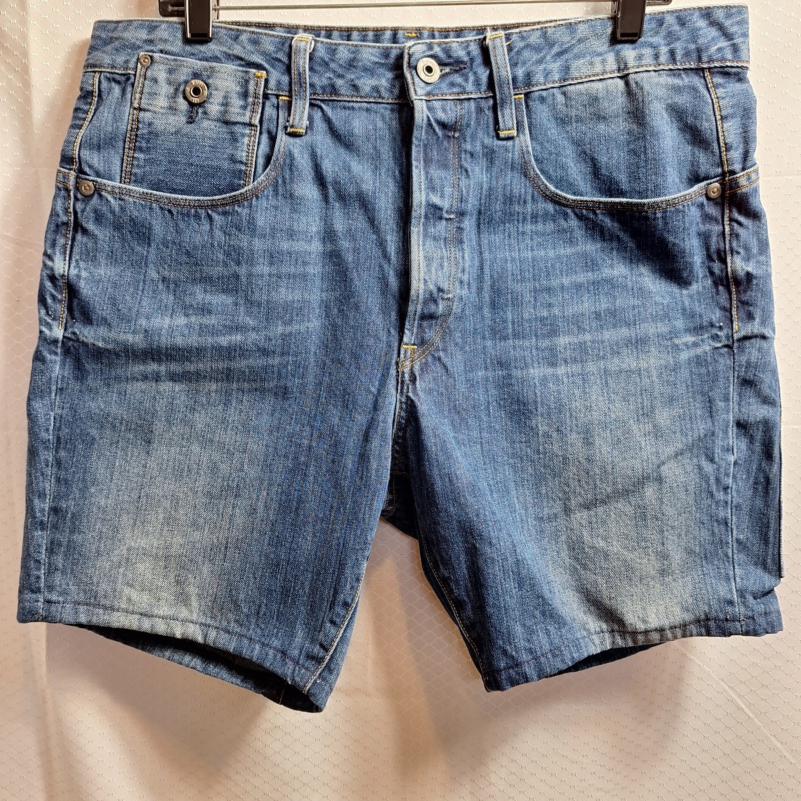 G-Star Raw Type-C Denim Short Sz 34 Blue Stretch Jean Button-Fly Whiskering Euc!